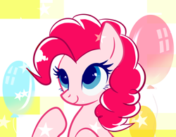 Size: 2700x2100 | Tagged: safe, artist:7411696290, imported from derpibooru, pinkie pie, earth pony, pony, abstract background, balloon, bust, female, mare, portrait, smiling, solo