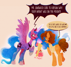 Size: 2258x2114 | Tagged: safe, artist:sockiepuppetry, imported from derpibooru, cheese sandwich, li'l cheese, princess luna, alicorn, earth pony, pony, the last problem, angry, colt, crown, ethereal mane, ethereal tail, father and child, father and son, female, flushed face, foal, glowing, glowing horn, hide and seek, high res, hoof shoes, horn, jewelry, levitation, magic, male, mare, on the moon, peytral, princess shoes, regalia, simple background, speech bubble, spread wings, stallion, tail, telekinesis, traditional royal canterlot voice, upside down, wings