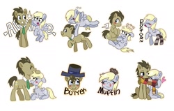Size: 2282x1455 | Tagged: safe, artist:xinjinjumin718319732303, imported from derpibooru, derpy hooves, doctor whooves, time turner, earth pony, pegasus, pony, blushing, bust, clothes, eyes closed, female, flying, grin, hat, heart, hoofbump, male, mare, open mouth, portrait, scarf, shared clothing, shared scarf, simple background, sitting, smiling, socks, stallion, sweat, sweatdrop, tongue out, white background