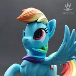 Size: 2560x2560 | Tagged: safe, artist:lakterra, imported from derpibooru, rainbow dash, pegasus, pony, close-up, craft, female, figurine, irl, looking up, mare, photo, polymer clay, raised hoof, signature, smiling, solo, spread wings, tail, wings