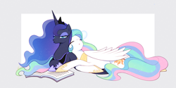 Size: 1600x800 | Tagged: safe, artist:megarock, imported from derpibooru, princess celestia, princess luna, alicorn, pony, abstract background, book, crown, duo, ethereal mane, ethereal tail, eyes closed, female, hoof shoes, jewelry, luna is not amused, open mouth, pouting, regalia, royal sisters, siblings, sisters, sleeping, snot bubble, starry mane, tail, unamused