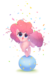 Size: 800x1109 | Tagged: safe, artist:megarock, imported from derpibooru, pinkie pie, earth pony, pony, balancing, balloon, confetti, female, filly, foal, open mouth, simple background, smiling, solo, white background