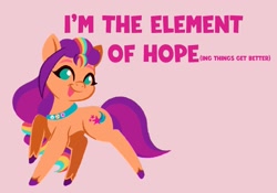 Size: 1429x1001 | Tagged: safe, artist:allisonpopick, imported from derpibooru, sunny starscout, earth pony, pony, bag, g5, pink background, simple background, smiling, solo, text