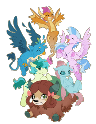 Size: 2400x3100 | Tagged: safe, artist:ou331, imported from derpibooru, gallus, ocellus, sandbar, silverstream, smolder, yona, changedling, changeling, classical hippogriff, dragon, earth pony, griffon, hippogriff, pony, yak, eyes closed, female, grin, male, open mouth, simple background, smiling, stallion, student six, transparent background