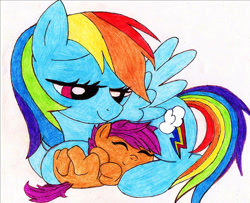 Size: 750x609 | Tagged: safe, artist:applewoodart, imported from derpibooru, rainbow dash, scootaloo, pegasus, pony, baby, baby pony, baby scootaloo, duo, duo female, female, filly, foal, mare, momma dash, scootalove, traditional art, younger