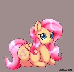 Size: 2048x2007 | Tagged: safe, artist:asinglepetal, imported from derpibooru, fluttershy, pegasus, pony, beige background, chonk, female, folded wings, looking at you, lying down, mare, prone, signature, simple background, solo, sticker design, tail, wings