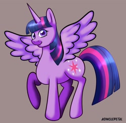 Size: 2048x2007 | Tagged: safe, artist:asinglepetal, imported from derpibooru, twilight sparkle, alicorn, pony, beige background, female, looking at you, mare, raised hoof, signature, simple background, smiling, solo, spread wings, sticker design, tail, twilight sparkle (alicorn), wings