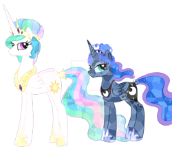 Size: 900x792 | Tagged: safe, artist:moondeer1616, imported from derpibooru, princess celestia, princess luna, alicorn, crystal pony, crystallized, deviantart watermark, duo, duo female, female, jewelry, mare, obtrusive watermark, redesign, regalia, royal sisters, siblings, simple background, sisters, transparent background, watermark