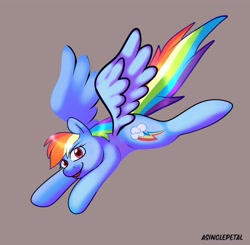 Size: 2048x2007 | Tagged: safe, artist:asinglepetal, imported from derpibooru, rainbow dash, pegasus, pony, beige background, female, flying, looking at you, mare, signature, simple background, smiling, solo, spread wings, sticker design, tail, wings