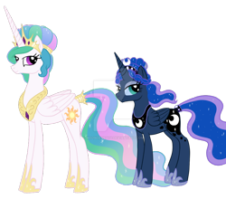 Size: 900x792 | Tagged: safe, artist:moondeer1616, imported from derpibooru, princess celestia, princess luna, alicorn, crystal pony, crystallized, deviantart watermark, duo, duo female, female, jewelry, mare, obtrusive watermark, redesign, regalia, royal sisters, siblings, simple background, sisters, transparent background, watermark
