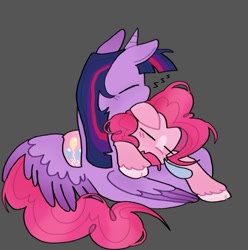 Size: 969x975 | Tagged: safe, artist:koidial, imported from derpibooru, pinkie pie, twilight sparkle, alicorn, earth pony, pony, colored wings, cuddling, duo, duo female, eyes closed, female, gray background, horn, lesbian, lying down, lying on top of someone, mare, onomatopoeia, shipping, simple background, sleeping, sound effects, twilight sparkle (alicorn), twinkie, two toned wings, unshorn fetlocks, wings, zzz