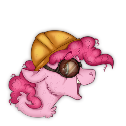 Size: 2300x2300 | Tagged: safe, artist:molars, imported from derpibooru, pinkie pie, earth pony, pony, bust, commission, engineer, engineer (tf2), eyebrows, eyebrows visible through hair, fluffy mane, goggles, helmet, pink, portrait, simple background, smiling, solo, team fortress 2, transparent background