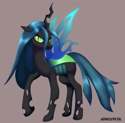 Size: 2048x2007 | Tagged: safe, artist:asinglepetal, imported from derpibooru, queen chrysalis, changeling, changeling queen, beige background, female, looking at you, raised hoof, signature, simple background, slit pupils, solo, spread wings, sticker design, tail, wings