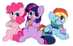 Size: 5347x3348 | Tagged: safe, artist:kittyrosie, imported from derpibooru, pinkie pie, rainbow dash, twilight sparkle, alicorn, earth pony, pegasus, pony, :p, bubble tea, cute, dashabetes, diapinkes, drink, drinking straw, female, folded wings, horn, looking at you, lying down, mare, one eye closed, prone, simple background, sitting, smiling, smiling at you, straw, tongue out, transparent background, trio, trio female, twiabetes, twilight sparkle (alicorn), wings, wink, winking at you