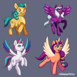 Size: 2048x2048 | Tagged: safe, artist:asinglepetal, imported from derpibooru, hitch trailblazer, opaline arcana, sunny starscout, zipp storm, alicorn, dragon, earth pony, pegasus, pony, artificial horn, artificial wings, augmented, dragon dad, female, flying, g5, gray background, horn, horns, looking at you, magic, magic horn, magic wings, male, mane stripe sunny, mare, my little pony: tell your tale, open mouth, open smile, race swap, raised hoof, raised leg, riding, riding a pony, signature, simple background, sitting, smiling, sparky sparkeroni, spread wings, stallion, sticker design, sunnycorn, tail, wings