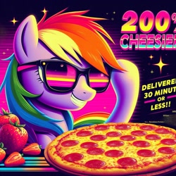 Size: 1024x1024 | Tagged: prompter needed, safe, imported from derpibooru, rainbow dash, pegasus, pony, ai content, ai generated, commercial, female, food, generator:bing image creator, generator:dall-e 3, grin, mare, meat, pepperoni, pepperoni pizza, pizza, smiling, solo, strawberry, sunglasses