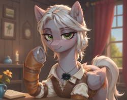 Size: 1120x880 | Tagged: safe, imported from derpibooru, pegasus, pony, ai content, ai generated, anonymous prompter, blurry background, book, candle, ciri, crossover, female, flower, generator:pony diffusion v6 xl, generator:stable diffusion, indoors, looking at you, mare, ponified, solo, underhoof, window, witcher