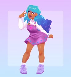 Size: 1992x2160 | Tagged: safe, artist:bluefeathercat, imported from derpibooru, izzy moonbow, human, 2024, bracelet, clothes, ear piercing, earring, friendship bracelet, g5, gradient background, humanized, jewelry, looking at you, moderate dark skin, open mouth, open smile, peace sign, piercing, shoes, smiling, socks, solo