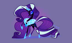 Size: 4000x2400 | Tagged: safe, artist:janegumball, imported from derpibooru, nightmare rarity, pony, unicorn, crown, eternal night au (janegumball), female, fur collar, grin, high res, horn, jewelry, lidded eyes, long mane, long tail, mare, necklace, pearl necklace, purple background, raised hoof, regalia, signature, simple background, smiling, solo, tail