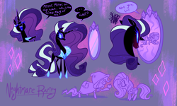 Size: 4000x2400 | Tagged: safe, artist:janegumball, imported from derpibooru, fluttershy, nightmare rarity, pegasus, pony, rabbit, unicorn, animal, apple, cloak, clothes, dialogue, disguise, duo, eternal night au (janegumball), eyes closed, female, food, frown, fur collar, high res, hoof on chest, horn, long mane, long tail, magic mirror, mare, mirror, open mouth, open smile, smiling, snow white and the seven dwarfs, speech bubble, tail