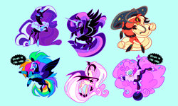 Size: 4000x2400 | Tagged: safe, artist:janegumball, imported from derpibooru, applejack, fluttershy, nightmare rarity, pinkie pie, rainbow dash, rarity, twilight sparkle, alicorn, bat pony, earth pony, pegasus, pony, unicorn, applejack's hat, armor, balancing, ball, bandana, bandit mask, bat ponified, bite mark, black coat, blonde mane, blonde tail, blue background, blue eyes, blue sclera, blue teeth, blue text, boots, bracer, clothes, clown makeup, clown outfit, collar, colored eyelashes, colored pupils, colored sclera, colored teeth, colored wings, cowboy boots, cowboy hat, curly mane, curly tail, domino mask, enamel pin, eternal night au (janegumball), ethereal mane, ethereal tail, evil grin, face paint, fangs, female, flexible, flutterbat, flying, for sale, fur collar, glowing, glowing eyes, glowing mane, glowing tail, glowing text, grin, group, handstand, hat, helmet, high res, hoof on chest, hoof shoes, horn, jacket, jester, jester outfit, jester pie, jewelry, lasso, lidded eyes, light blue background, long horn, long legs, long mane, long neck, long tail, looking at you, mane six, mare, multicolored hair, narrowed eyes, necklace, nightmare applejack, nightmare fluttershy, nightmare mane six, nightmare pinkie, nightmare rainbow dash, nightmare twilight, nightmarified, no catchlights, orange coat, partially open wings, pearl necklace, peytral, pin design, pink coat, pink eyes, pink mane, pink tail, ponytail, purple eyelashes, purple eyes, race swap, rainbow hair, rainbow tail, raised hoof, rearing, regalia, rope, ruffles, sextet, shoes, shrunken pupils, simple background, slit pupils, smiling, smiling at you, sparkly mane, sparkly tail, spiked collar, spiky mane, spiky tail, spread wings, spurs, standing, stars, straight mane, straight tail, tail, tall, teal background, teal sclera, text, thin legs, tied mane, tied tail, tongue out, twilight sparkle (alicorn), two toned wings, unicorn horn, upside down, wall of tags, wavy mane, wavy tail, wide eyes, wings, yellow teeth