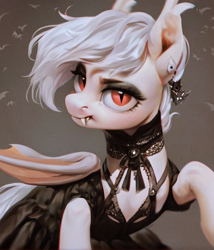 Size: 720x840 | Tagged: safe, imported from derpibooru, bat pony, ai content, ai generated, clothes, dress, ear piercing, generator:pony diffusion v6 xl, generator:stable diffusion, gothic, looking at you, piercing, prompter:radioglitch, simple background