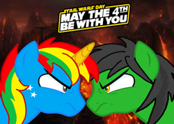 Size: 828x591 | Tagged: safe, artist:shieldwingarmorofgod, imported from derpibooru, oc, oc only, oc:shield wing, oc:star armour, alicorn, pegasus, duo, male, may the fourth be with you, star wars