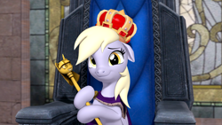 Size: 3840x2160 | Tagged: safe, artist:owlpirate, imported from derpibooru, derpy hooves, pegasus, pony, a royal problem, 3d, 4k, bust, crown, cute, derpabetes, female, floppy ears, high res, hoof hold, jewelry, looking at you, mare, queen derpy, regalia, scepter, sitting, smiling, smiling at you, solo, source filmmaker, throne, twilight scepter