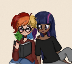 Size: 736x654 | Tagged: safe, artist:artmiiracle, imported from derpibooru, rainbow dash, twilight sparkle, human, alternate hairstyle, book, bra, bra strap, clothes, cute, dark skin, dashabetes, duo, duo female, eyes closed, female, glasses, grin, heart, heart eyes, humanized, lesbian, nerd, pants, personality swap, reading, shipping, shirt, simple background, sitting, skirt, smiling, sweater, sweatpants, t-shirt, tomboy, twiabetes, twidash, underwear, white background, wingding eyes