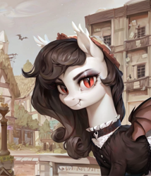 Size: 720x840 | Tagged: safe, imported from derpibooru, bat pony, ai content, ai generated, clothes, dress, generator:pony diffusion v6 xl, generator:stable diffusion, gothic, looking at you, prompter:radioglitch