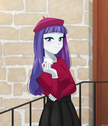Size: 1050x1225 | Tagged: safe, artist:riouku, imported from derpibooru, rarity, human, equestria girls, 2d, bangs, beret, breasts, clothes, collar, commission, eyeshadow, female, fingernails, hat, long sleeved shirt, long sleeves, looking at you, makeup, nail polish, nails, outdoors, pleated skirt, shirt, skirt, smiling, smiling at you, solo