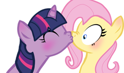 Size: 1163x687 | Tagged: safe, artist:trixxiefloof, imported from derpibooru, fluttershy, twilight sparkle, pegasus, pony, unicorn, blue eyes, blushing, boop, duo, eyes closed, female, horn, kiss on the lips, kissing, lesbian, mare, noseboop, shipping, simple background, transparent background, twishy, unicorn twilight, wide eyes