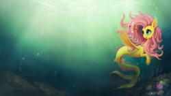 Size: 1920x1080 | Tagged: safe, artist:br0ny, imported from derpibooru, fluttershy, hippocampus, merpony, seapony (g4), clownfish, female, mare, seaponified, seapony fluttershy, solo, species swap, underwater, wallpaper, water, watershy