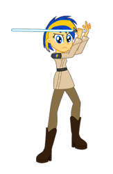Size: 654x1005 | Tagged: safe, artist:mlpfan3991, imported from derpibooru, oc, oc only, oc:flare spark, human, equestria girls, clothes, female, jedi, lightsaber, may the fourth be with you, simple background, solo, star wars, transparent background, weapon