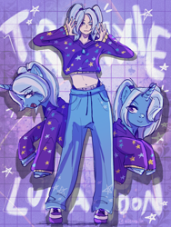 Size: 1620x2160 | Tagged: safe, artist:aliennella, imported from derpibooru, trixie, human, pony, unicorn, alternate hairstyle, babysitter trixie, belly button, clothes, cute, diatrixes, eyeshadow, female, gameloft, hoodie, horn, human ponidox, humanized, makeup, mare, midriff, my little pony: magic princess, nail polish, one eye closed, open mouth, pajamas, pants, self paradox, self ponidox, shoes, sneakers, sweatpants, unshorn fetlocks, wink