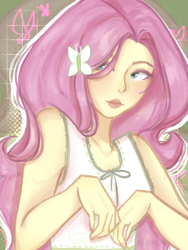 Size: 1620x2160 | Tagged: safe, artist:aliennella, imported from derpibooru, fluttershy, equestria girls, bare shoulders, blushing, clothes, cute, female, lipstick, makeup, shyabetes, sleeveless, solo, tanktop