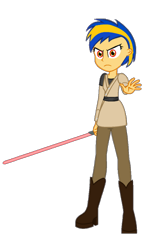 Size: 654x1005 | Tagged: safe, artist:mlpfan3991, imported from derpibooru, oc, oc only, oc:flare spark, human, equestria girls, female, jedi, lightsaber, may the fourth be with you, simple background, solo, star wars, transparent background, weapon