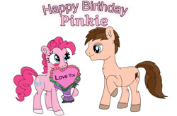 Size: 827x546 | Tagged: safe, artist:thebronypony123, imported from derpibooru, pinkie pie, oc, oc:braden, earth pony, duo, duo male and female, female, happy birthday, male, mare, simple background, stallion, white background