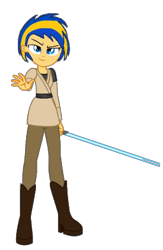 Size: 654x1005 | Tagged: safe, artist:mlpfan3991, imported from derpibooru, oc, oc only, oc:flare spark, human, equestria girls, female, jedi, lightsaber, may the fourth be with you, simple background, smiling, solo, star wars, transparent background, weapon