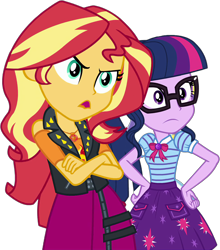 Size: 3248x3696 | Tagged: safe, edit, edited screencap, editor:cutler1228, imported from derpibooru, screencap, sci-twi, sunset shimmer, twilight sparkle, human, equestria girls, angry, arms, background removed, blouse, bowtie, breasts, bust, clothes, crossed arms, duo, duo female, equestria girls specials, female, frown, geode of empathy, geode of telekinesis, glasses, hand, hand on hip, leather, leather vest, long hair, magical geodes, my little pony equestria girls: rollercoaster of friendship, open mouth, ponytail, shirt, shoulderless, simple background, skirt, talking, teenager, transparent background, unhappy, vest