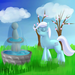 Size: 2000x2000 | Tagged: safe, artist:ruberphoenix, imported from derpibooru, earth pony, pony, aquarius, aquarius (g4), cloud, eyes closed, female, fountain, grass, mare, ponyscopes, solo, tree, water