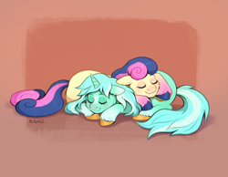 Size: 3162x2456 | Tagged: safe, artist:birdoffnorth, imported from derpibooru, bon bon, lyra heartstrings, sweetie drops, earth pony, pony, unicorn, colored hooves, cuddling, cute, duo, duo female, eyes closed, female, floppy ears, gradient background, high res, horn, lesbian, lying down, lying on top of someone, lyrabon, mare, prone, shipping, signature, sleeping, sleeping on top of someone, smiling, unshorn fetlocks