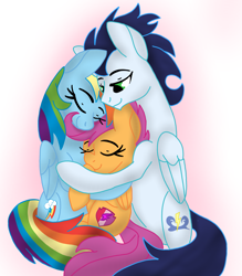 Size: 1961x2239 | Tagged: safe, artist:bleedingwings12, imported from derpibooru, rainbow dash, scootaloo, soarin', pegasus, pony, adopted offspring, family, female, filly, foal, hug, male, mare, offspring, parent:rainbow dash, parent:soarin', parents:soarindash, scootadoption, scootalove, shipping, soarindash, stallion, straight, trio