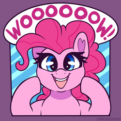 Size: 1600x1600 | Tagged: safe, artist:graphene, imported from derpibooru, pinkie pie, earth pony, pony, cute, dialogue, diapinkes, female, happy, looking at you, mare, open mouth, open smile, smiling, solo
