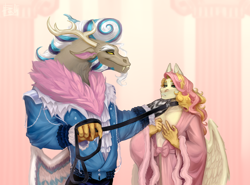 Size: 2300x1700 | Tagged: safe, artist:digck, imported from derpibooru, discord, oc, oc:exist, anthro, draconequus, hippogriff, hybrid, pony, clothes, collar, costume, cute, duo, duo male, gay, griffequus, leash, male, pet play, robe, wings