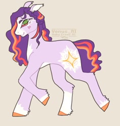 Size: 974x1027 | Tagged: safe, artist:venus_ai_, imported from derpibooru, earth pony, pony, spoiler:g5, spoiler:my little pony: tell your tale, spoiler:tyts02e11, blush lines, blushing, coat markings, female, g5, mare, my little pony: tell your tale, raised hoof, signature, simple background, smiling, socks (coat markings), solo, sunny starscout's mother, tail, tan background, unshorn fetlocks, written in the starscouts