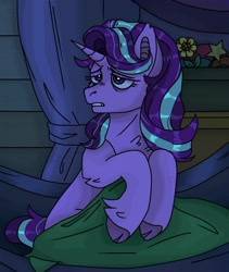 Size: 1600x1900 | Tagged: safe, artist:cluterdrop, imported from derpibooru, starlight glimmer, pony, unicorn, bags under eyes, bed mane, blanket, cloven hooves, female, hammock, horn, lidded eyes, mare, sitting up, solo, trixie's wagon, wagon