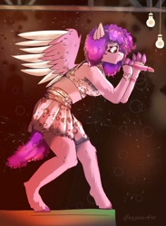 Size: 1086x1480 | Tagged: safe, artist:cozziesart, imported from derpibooru, anthro, pegasus, unguligrade anthro, clothes, commission, female, finger hooves, g5, mare, microphone, midriff, open mouth, ruby jubilee, signature, singing, skirt, solo, spread wings, tail, wings, wristband