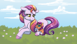 Size: 2024x1172 | Tagged: safe, artist:arky2000, imported from derpibooru, sunny starscout, earth pony, pony, spoiler:g5, spoiler:my little pony: tell your tale, spoiler:tyts02e11, baby, baby pony, baby sunny starscout, cloud, duo, duo female, female, filly, filly sunny starscout, floppy ears, flower, g5, grass, grass field, looking at each other, looking at someone, looking up, lying down, mare, mother and child, mother and daughter, my little pony: tell your tale, open mouth, open smile, outdoors, prone, signature, smiling, sunny starscout's mother, tail, unshorn fetlocks, written in the starscouts, younger