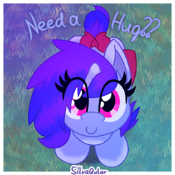 Size: 4000x4000 | Tagged: safe, artist:silvaqular, imported from derpibooru, oc, oc only, oc:qular, pony, unicorn, absurd resolution, bow, colorful, friendly, gradient background, gradient hooves, gradient mane, high angle, horn, hug, looking at you, looking up, looking up at you, offering, shading, solo, tail, tail bow